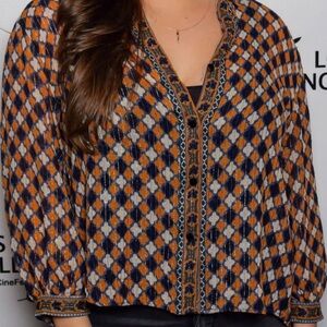Zara Diamond Pattern Blouse - Orange and Navy